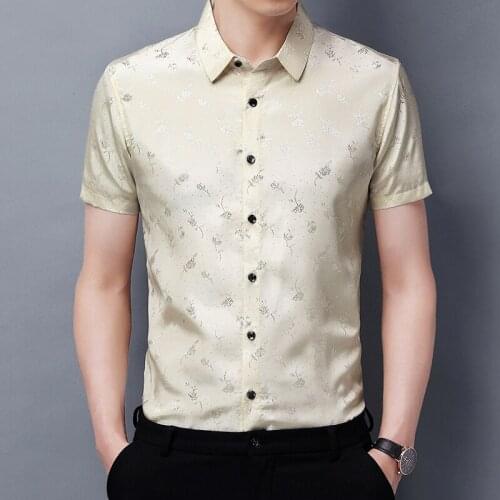 New 2021 Male Silk Shirt Summer Small Floral Streetwear Mens Short Sleeve Dress Shirts Soft Silk Clothes