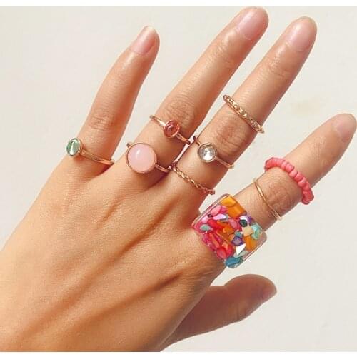 New Sweet Transparent Colorful Beads Crystal Gem Rings Set Fashion Geometric Simple Rings for Women Party Jewelry Gifts