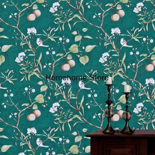 Flower & Bird Waterproof Removable Self Adhesive Wallpaper Green Wallpapers Modern Peach Tree Peel and Stick Wallpaper