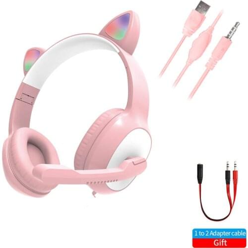 Cat Ear Wired Headphones for Children Kids Girls with Microphone,RGB Light Gaming Headset for smart phone PC Computer Gifts