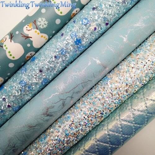 BLUE Glitter Fabric, Snowman Printed Synthetic leather, Plaids Faux Fabric Sheets For Bow A4 21x29CM Twinkling Ming XM018G