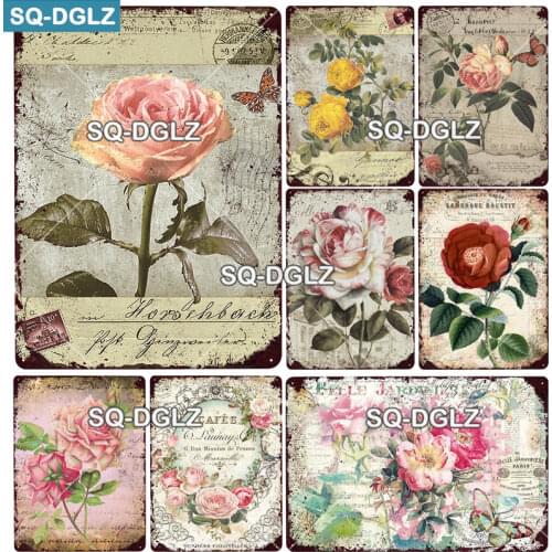 [SQ-DGLZ] Butterfly Rose Metal Sign Vintage Metal Plaque Plates Decor For Pub Bar Home Wall Decor Tin Signs Flower Poster Custom