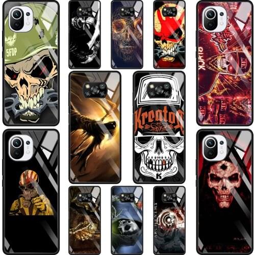Phone Glass Case For Mi Poco X3 NFC 10T 9T Note 10 11 Pro Lite Ultra 11i F3 Transparent Fitted Fundas Death Skull