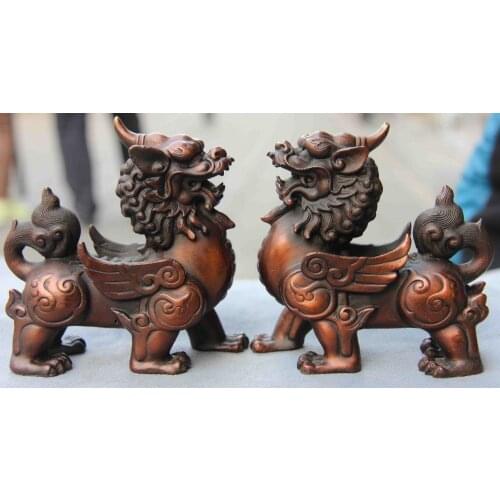 Xd 001683 Chinese Royal Red Copper Feng Shui Evil Foo Dog Lion Kylin Kilin Kirin Pair