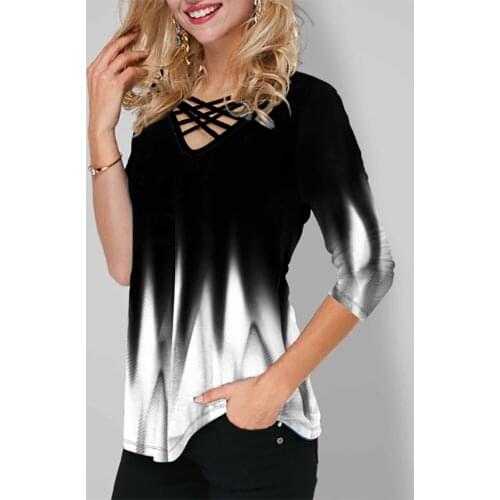 Women T-shirt Cross Bandage Hollow Out V Neck Gradient 3/4 Sleeve Casual Tee shirt Black White Contrast Color Female Tshirt D30