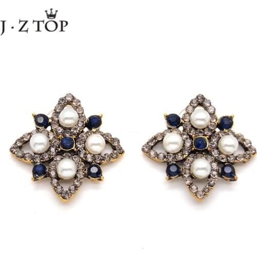 JZTOP Vintage Simulated Pearl Flower Stud Earrings For Women Luxury Blue Crystal Wedding Earring Statement Jewelry Brinco Girls