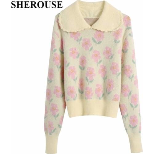 DUOPERI Women Fashion Floral Printed Knitted Pullover Sweater Vintage Long Sleeves Lapel Collar Woman Sweaters Chic Tops