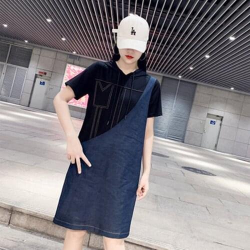 New Summer Style Women Dresses Plus Size 5XL Casual Loose Hooded Patchwork Jeans Short Sleeve For Females Larger Denim One-Piece