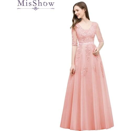 Appliques prom dresses Pearl Pink Short sleeves lace floor length a line gown cheap women V Neck evening formal long prom dress