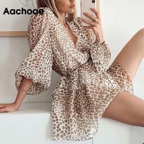 Aachoae Sexy Deep V Neck Leopard Dress Lady Bandage Chiffon Mini Dress Transparent Sleeve Stylish Bud Dress Beach Sundress 2020