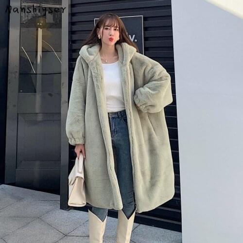 Winter 2021 Mid-length Fashion Oversized Hooded Faux Rabbit Fur Coat Women Thick Warm Plush Loose Fur Jacket Female Outerwear