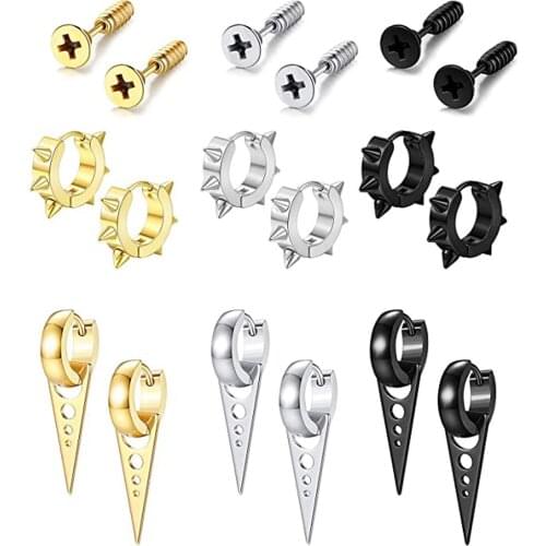 1 Pairs Stainless Steel Punk Studs Spike Earrings for Men Women Screws Hoop Triangle Earrings Gothic Gold Silver Black Jewelry