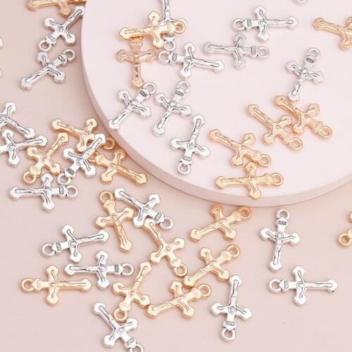 20pcs Tiny Two Color Jewelry Accessories Letters Jesus Cross Charms Beaded for Bracelets Necklaces DIY Making Alloy 20x13mm
