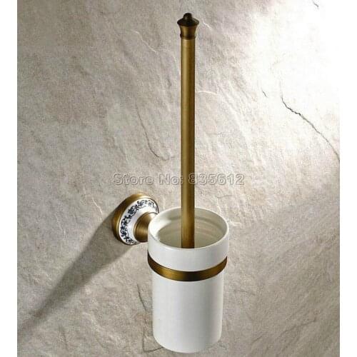 Antique Brass Wall Mounted Toilet Brush Set Holder Brush + Ceramic Cup Wba406