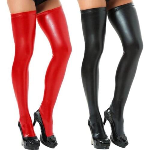 Sexy PU Leather Thigh High Stockings Women Over Knee Long Stockings Stretch Wetlook Leather Leggings Pole Dance Nigth Clubwear