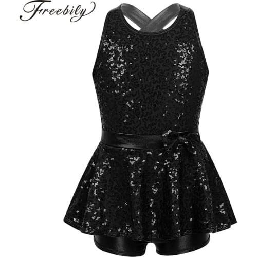 Kids Sleeveless Sequined Dancewear Gymnastics Leotard Girls Ballet Figure Skating Dress Modern Rave Jazz Stage Dance Costume