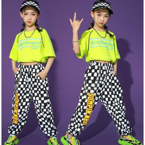 Kids Hip Hop Dancing Clothing Carnival Outfits Crop Tops Tshirt Plaid Pants For Girls Dance Wear Costume Stage Show Clothes