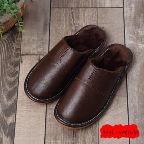2020Leather Home Slippers for Men Winter Warm Plush Slippers Bedroom Genuine Leather Unisex Men/women House Indoor Shoes