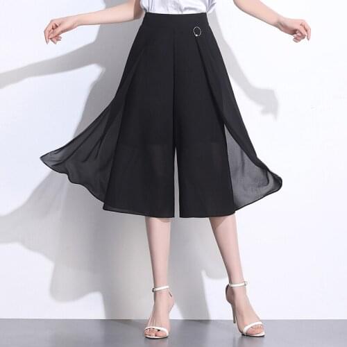Elegant Female Chiffon Wide Leg Pants Elastic Waist Trouser Summer Loose Casual Trousers Womens Fashion Black Capris