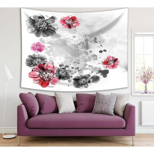 Tapestry Blossom Flowers Retro Grunge Style Paint Splashes Floral Watercolors Artwork Red Pink Black