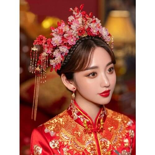 HIMSTORY Traditional Chinese Bridal Headwear Red Flower Phoenix Crown Ancient Wedding Headdress Bride Hair Accessories