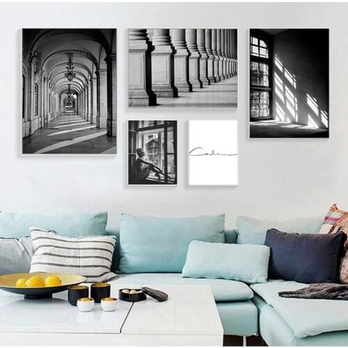 Pictures For Living Room Scandinavian Nordic Black And White Building Canvas Painting Girl Wall Art s Prints Wall