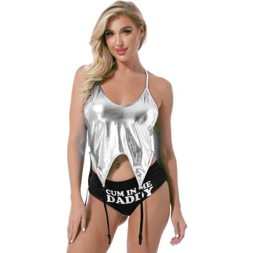 Fashion Women Faux Leather Top Summer Metallic Sexy Exotic Halter Lace-Up with Garter Belt for Rave Party Nightclub Pole Dancing