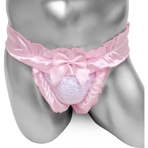 Frilly Ruffled Sissy Satin Thong Men Underwear Lace Lingerie Sissy Knickers G-string with 2 Wristbands Lingerie sissy panties