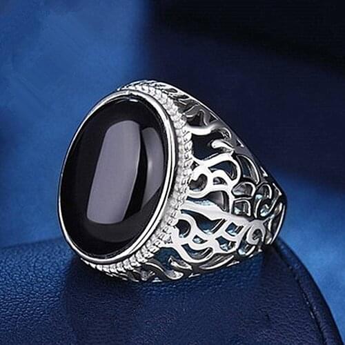 Vintage Royal Carving Black Gemstones Agate Jade Rings for Men White Gold Silver color Bague Jewelry Fashion Accessories Gifts