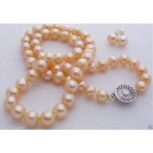 Natural 7-8mm pink akoya cultured pearl necklace earring 18"