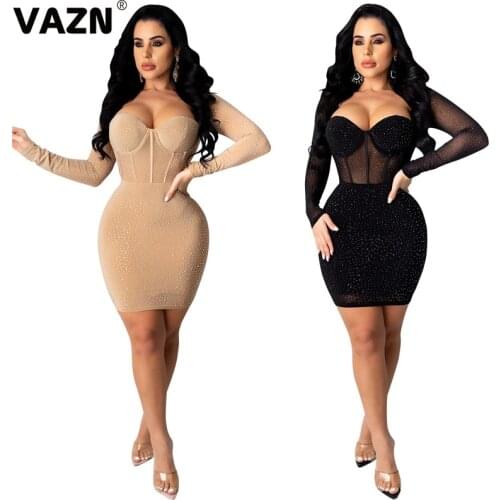 VAZN New 2020 Mesh Fabric See Through Patchwork Chic Ladies Slim Elegant Shinny Bandage Dress Full Sleeve Sheath Dresses