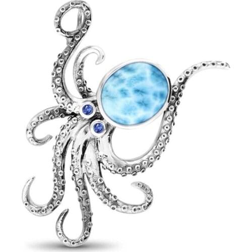 New Arrival Real 925 Sterling Silver Natural Larimar Octopus Pendant Woments Necklace Pendant