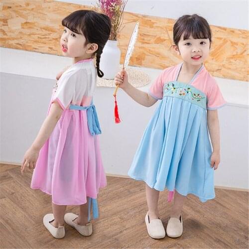 Dress retro Chinese style Hanfu girl cute short-sleeved Hanfu children improved cheongsam chinese dress qipao new 2020 pink blue