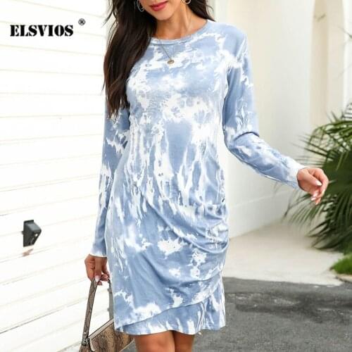 ELSVIOS Autumn New Women O Neck Tie-dye Print Dress Fashion Casual Long Sleeve A-line Dress Elegant Street Cool Girl Mini Dress