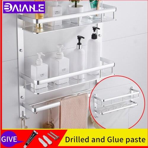 Bathroom shelf storage rack holder wall mounted towel rack glue paste toilet triple tier shampoo holder Towel bar with hook