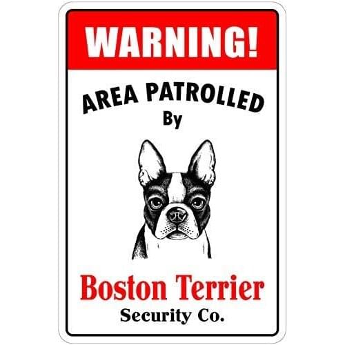 XIAONN Warning Area Patrolled by Boston Terrier Retro Tin Signs Metal Vintage Signs Auto Motorcycle Gasoline Garage Home Wall