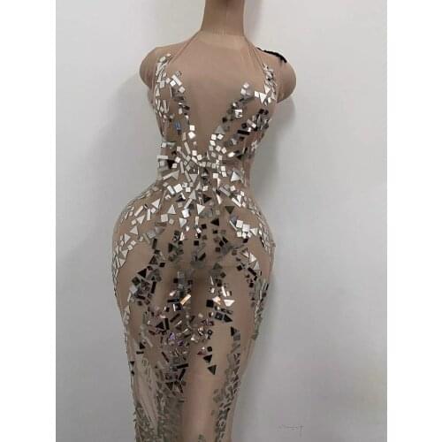 Sexy Sequins Party Evening Dress Women Halter Mesh See Through Mermaid Dress Birthday Celebration Long Dress Singer Stage Wear