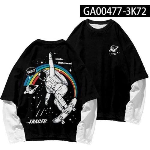 Spring Men Fake Two Pieces Sweatshirt Couple Streetwear Hip Hop Black Astronaut Print Long Sleeve T-shirt Large Size XXS-4XL