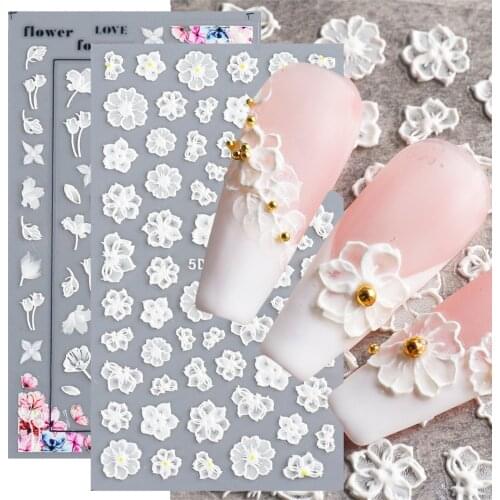 Engraved Embossed Flower 5D Nail Stickers White Lace Imitate Acrylic Dipping Powder Polymer Nail Art Decoration Decal LE5D-K-2