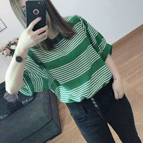 Women Summer 100% Silk Blouse O neck Green Stripes office wear casual natural silk blouses printed real silk shirt tops