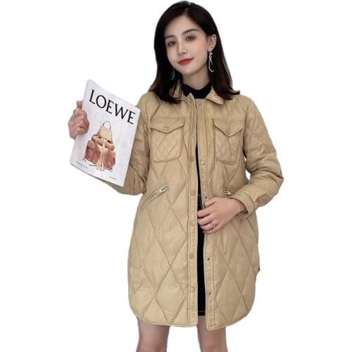 Fashion diamond check outdoor women jacket 90% white down wind proof womens coats slim spring autumn jackets khaki orange beige