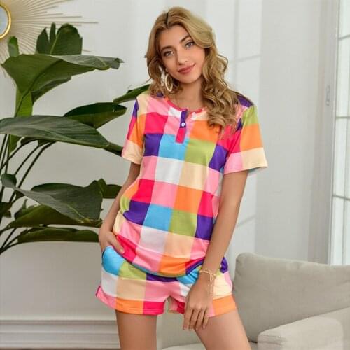 Color Plaid Casual Tracksuits Women 2021 Loose O Neck Tshirt Shorts Pants Suits Female Summer Home Style Two Piece Sets