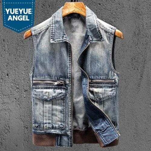 Brand Vest Men Autumn Slim Fit Casual Biker Denim Tops Sleeveless Jacket Personality Streetwear Washed Zipper Cowboy Waistcoat