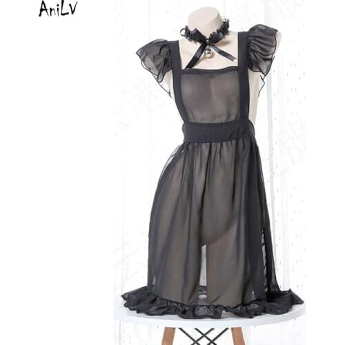 AniLV Anime Maid Bell Apron Dress Uniform Temptation Lingerie Costume Black Chiffon Nightdress Underwear Clothes