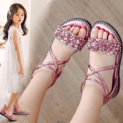 New Summer Children Shoes Girls High Heel Sandals Princess Rhinestone Leather Student Shoes Baby Toddler Kids Sandals