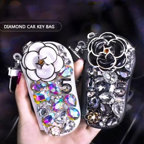 Diamond design camellia car key case bag cover fob key wallet girls women birthday gift blind bling key holder colorful
