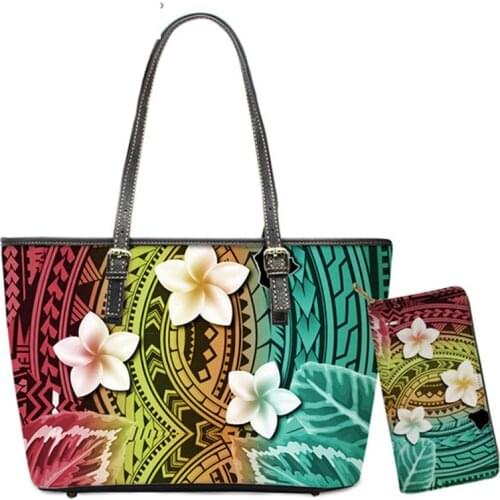 ELVISWORDS 2 Pcs/set Women Handbags Purses Ethnic Polynesian Tribes Plumeria Print Lady Leather Large Totes Wallet Shoulder Bag