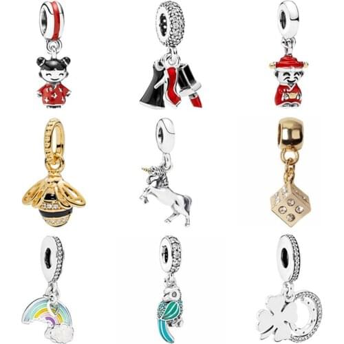 Hot Sale Crystal Lipstick Rainbow Bee Bird Horse Owl Heart Bead Fit Pandora Charms & Bangles for Women Birthday Gift DIY Jewelry