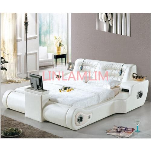 Real Genuine leather bed TV Soft Beds Bedroom camas lit muebles de dormitorio yatak mobilya quarto massage speaker bluetooth