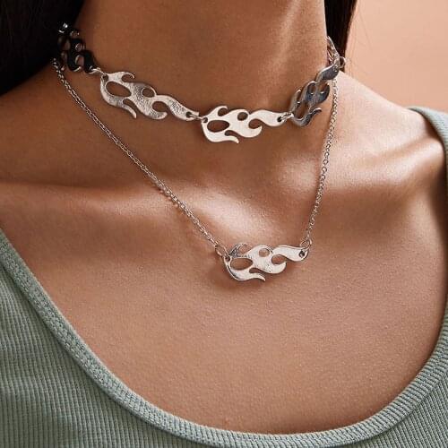 Aprilwell Punk Flame Layered Pendant Necklace For Women Aesthetic Silver Color Chain 2021 Drop Choker Jewelry E Girl Friends